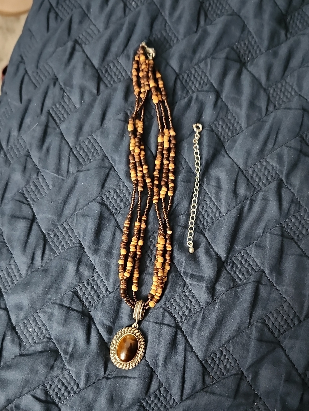 Avon Multi-Strand Brown Beaded Necklace with Brown Pendant